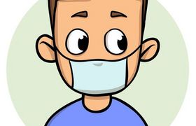 Funny cartoon guy wearing medical mask for respiratory disease protection. Cartoon design icon. Flat vector illustration. Isolated on white background.